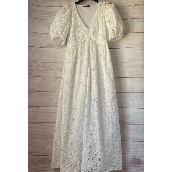 Zara White Cutout Lace Midi Dress Puff Sleeves Embroidery Size Small - Picture 1 of 15